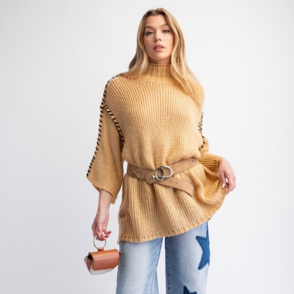Easel Curvy or Standard Oversized Look Honey Knit Stitched Sweater Sizes 1X-3X
